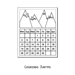 Desenho para colorir de um calendário animado com fotos de montanhas