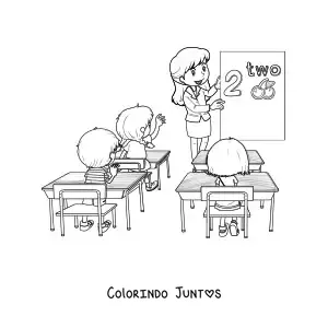 Desenho para colorir de uma professora diante da lousa dando aula para varios alunos