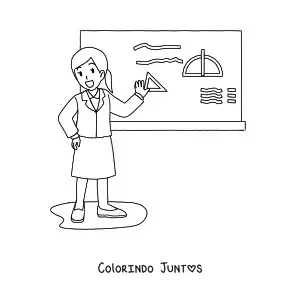 Desenho para colorir de uma professora dando aula diante da lousa