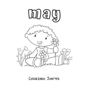 Desenho para colorir de may com uma criança sentada entre flores da primavera