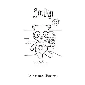 Desenho para colorir de july com um panda animado na praia no verão