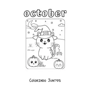 Desenho para colorir de october com um gato animado no Halloween