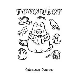 Desenho para colorir de november com um gato animado no outono