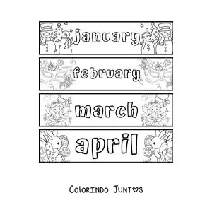 Desenho para colorir de fichas infantis com os meses em inglês de janeiro a abril