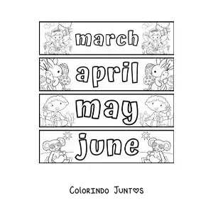 Desenho para colorir de fichas infantis com os meses em inglês de março a junho