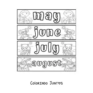 Desenho para colorir de fichas infantis com os meses em inglês de maio a agosto