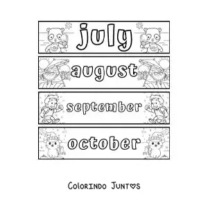 Desenho para colorir de fichas infantis com os meses em inglês de julho a outubro