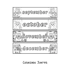 Desenho para colorir de fichas infantis com os meses em inglês de setembro a dezembro