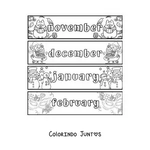 Desenho para colorir de fichas infantis com os meses em inglês de novembro a fevereiro