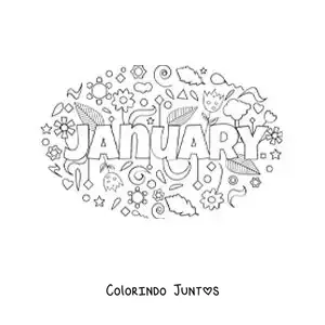 Desenho para colorir de janeiro em inglês com flores