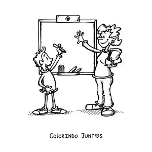 Desenho para colorir de uma professora e um aluno junto a lousa