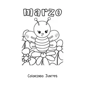 Desenho para colorir de março com uma abelha animada na primavera