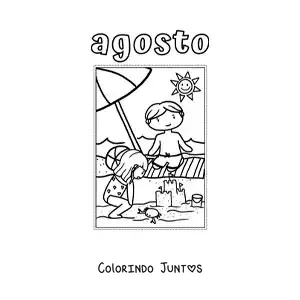 Desenho para colorir de agosto com crianças de férias na praia