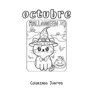 Desenho para colorir de outubro com um gato fofo no Halloween