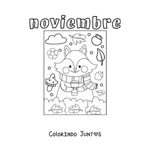 Desenho para colorir de novembro com uma raposa animada no outono