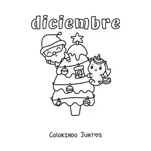 Desenho para colorir de dezembro com o Papai Noel e um unicórnio na arvorezinha