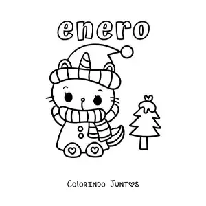 Desenho para colorir de janeiro com um gatinho agasalhado e um pinheiro nevado