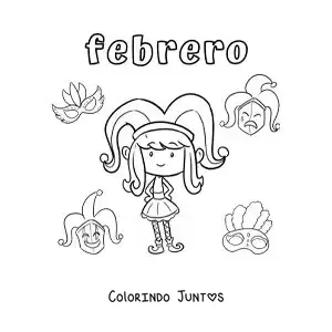 Desenho para colorir de fevereiro com uma menina no Carnaval