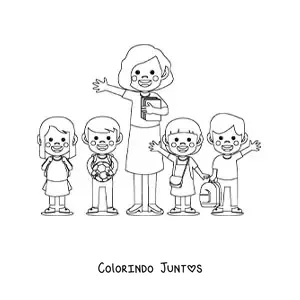 Desenho para colorir de uma professora junto a varios alunos do ensino fundamental