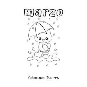 Desenho para colorir de março com um pato animado na chuva