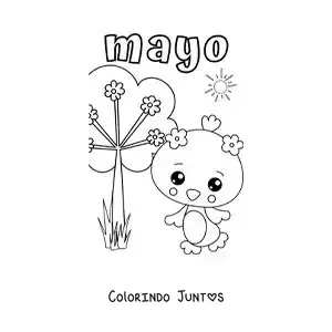 Desenho para colorir de maio com um pássaro animado na primavera