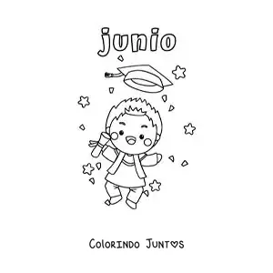 Desenho para colorir de junho com uma criança de beca e diploma