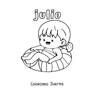 Desenho para colorir de julho com uma menina na piscina