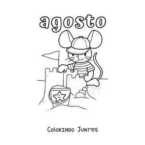 Desenho para colorir de agosto com um rato animado construindo um castelo de areia