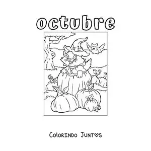 Desenho para colorir de outubro com um gato animado no Halloween