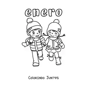Desenho para colorir de janeiro com duas crianças com roupa de inverno