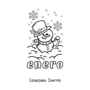 Desenho para colorir de janeiro com um boneco de neve animado