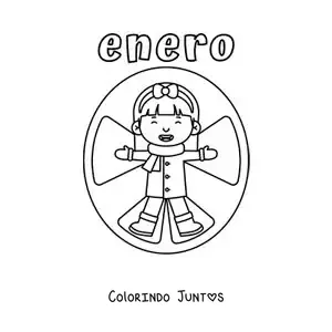 Desenho para colorir de janeiro com uma menina fazendo um anjo de neve