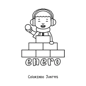 Desenho para colorir de janeiro com um menino brincando na neve