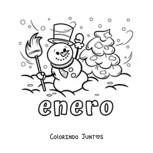 Desenho para colorir de janeiro com um boneco de neve animado e um pinheiro