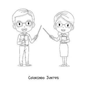 Desenho para colorir de um casal de professores com ponteiros de lousa