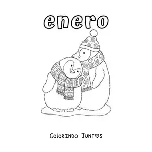 Desenho para colorir de janeiro com pinguins de cachecol