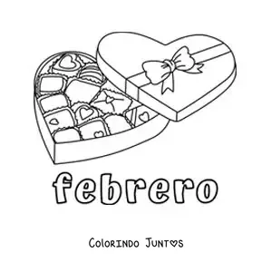 Desenho para colorir de fevereiro com uma caixa de chocolates de Dia dos Namorados