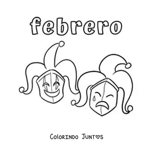 Desenho para colorir de fevereiro com máscaras de Carnaval