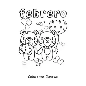 Desenho para colorir de fevereiro com dois ursos de Dia dos Namorados apaixonados