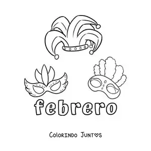 Desenho para colorir de fevereiro com máscaras de Carnaval animadas