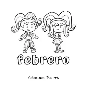 Desenho para colorir de fevereiro com duas crianças no Carnaval