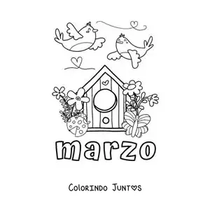 Desenho para colorir de março com aves e flores