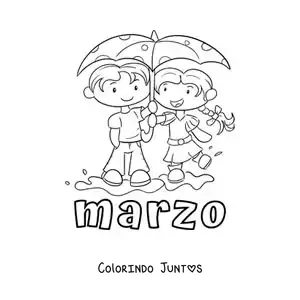 Desenho para colorir de março com duas crianças com guarda-chuvas na chuva