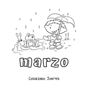 Desenho para colorir de março com um menino na chuva ao lado de um sapo animado