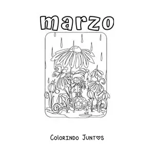 Desenho para colorir de março com flores na chuva