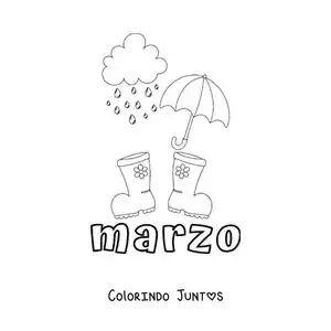 Desenho para colorir de março com um guarda-chuva e botas de chuva