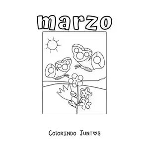 Desenho para colorir de março com flores de primavera e uma borboleta