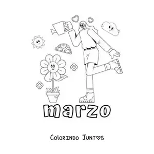 Desenho para colorir de março com uma menina regando as flores