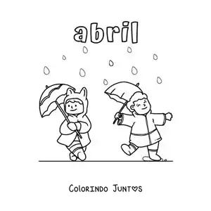 Desenho para colorir de abril com crianças na chuva