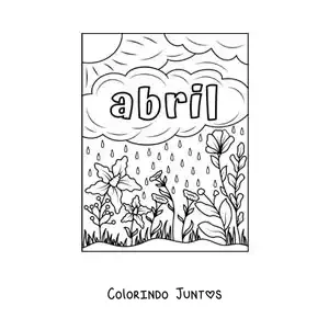 Desenho para colorir de abril com uma paisagem com flores e chuva